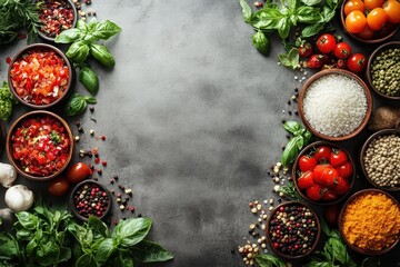 Fresh herbs, spices, and veggies arranged on a kitchen countertop for cooking