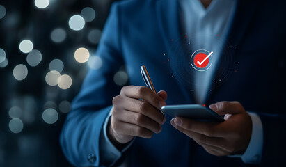 A Businessman Pondering a Question on a Digital Tablet