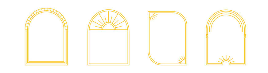 Golden arches with sun ornament and patterns. Arches for interior with solar patterns in yellow color.