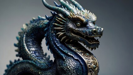 Fototapeta premium Blue chinese dragon statue posing on gray background