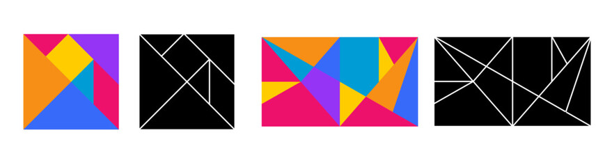 Tangram game square figures in colorful and black style. Abstract mosaic in minimalistic stytle.