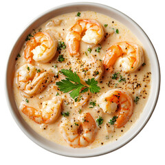 Creamy prawn dish top view on an isolated background