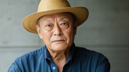 Fototapeta premium 麦わら帽子をかぶった思慮深い老人の肖像画。本物のライフスタイルと人物研究用。
