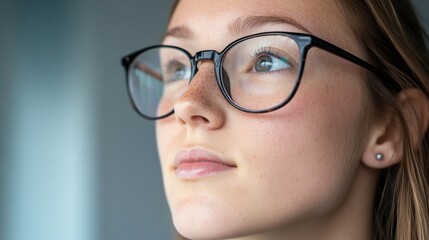 Fototapeta premium Portrait of a young woman wearing glasses, gazing thoughtfully into the distance, capturing a moment of introspection and focus.