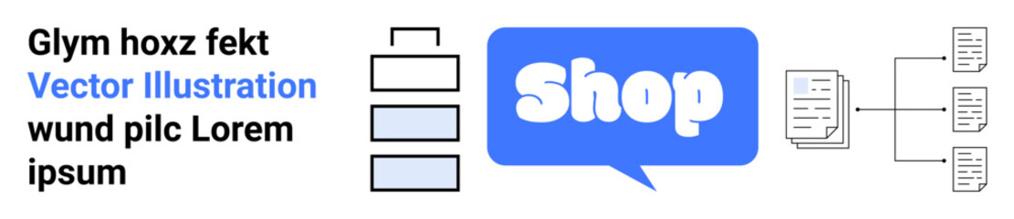 Blue text balloon with the word Shop, a stack of boxes, and network diagrams. Ideal for e-commerce, data organization, product categorization, online business, marketing. Banner for landing page