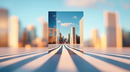 Fototapeta premium A mirror reflecting a distorted world, where buildings twist and shadows stretch impossibly long.