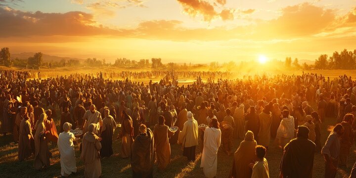 Feeding of the 5000  loaves and fish shared among a large crowd in a sunlit field scene, Biblical religious stories, illustrations Christian faith in God