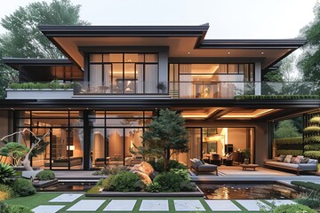 Fototapeta premium Beautiful modern house exterior with grass field Modern residential district