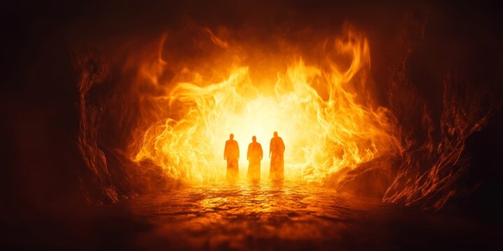 Minimalist image of Shadrach, Meshach, and Abednego surviving the fiery furnace amidst flames, Biblical religious stories, illustrations Christian faith in God