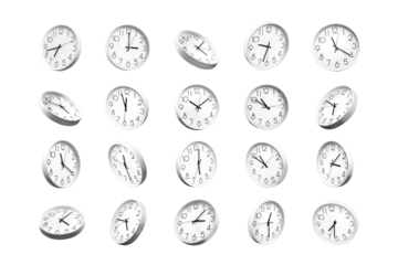 Set of White Analog Clocks at Various Angles and Times