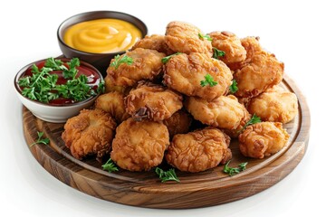 A plate of crispy fried chicken nuggets served with a side of ketchup for dipping