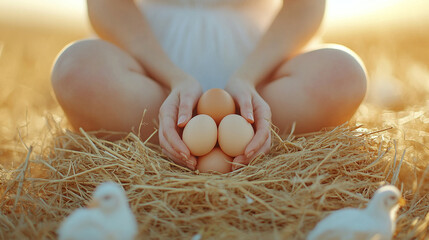hands carefully cradles freshly laid eggs, symbolizing nurture, purity, and abundance. The natural textures evoke simplicity, connection to nature, and organic living