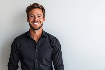 Obraz premium A young man with a beard and brown hair is smiling at the camera. He is wearing a black dress shirt and has a white wall behind him.