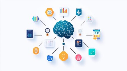 Conceptual illustration of artificial intelligence showcasing a brain with various icons representing data, analysis, and technology connections.