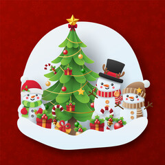 Christmas Greetings, Snowman celebrate around the Christmas tree.