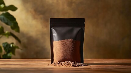 Cocoa Powder in Black Packaging on Wooden Table