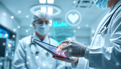Medical technology, innovation and digital healthcare, surgeon doctor using digital tablet analyzing electronic health record data and testing result connecting with internet network, virtual hospit
