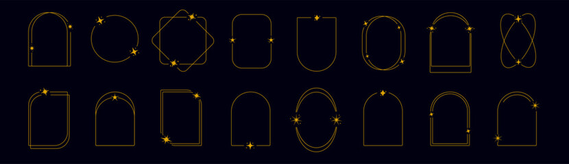 Golden star frame collection outline. Border with space elements. Frameworks with starts on midnight background.