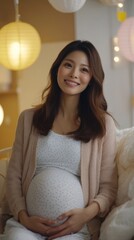 Naklejka premium ライフスタイルと家族のデザインプロジェクトのための居心地の良い家庭環境でのマタニティの喜び