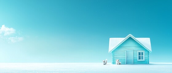 Cute White Animals by Blue Cabin in Snowy Landscape