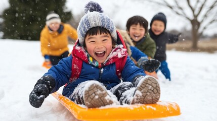 休日のレクリエーションとして雪の公園でそり遊びをする子供たちと楽しい冬の楽しみ