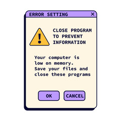 Obraz premium Retro error window in purple color with information. Crash message in old style.