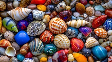 Colorful Seashells and Stones Beach Texture Background