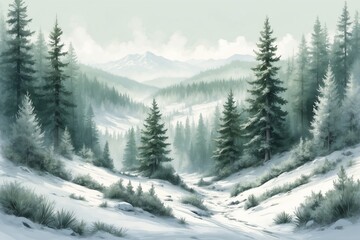 Fototapeta premium Serene winter landscape with evergreen trees and snow-covered hills in a soft pastel style