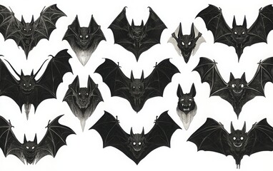 A captivating collection of spooky black bats, each representing Halloween themes, featuring intricate designs and a mysterious aura