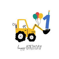First birthday. Hand drawn happy birthday card with cute cartoon car tractor with balls, candle and lettering Happy Birthday. Vector illustration.  Baby boy greeting card for 1st birthday