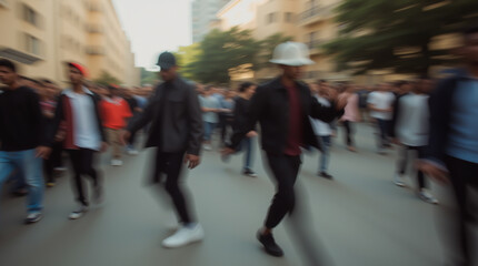 Obraz premium Young people participating in a flash mob, dancing synchronously against the backdrop of autumn trees
