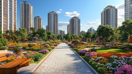 Fototapeta premium A paved walkway winds through a lush, blooming park with high-rise buildings in the background.