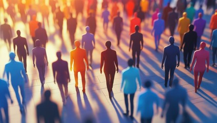3D illustration of a crowd of diverse people walking in the same direction, representing the concept of social cohesion and diversity Generative AI