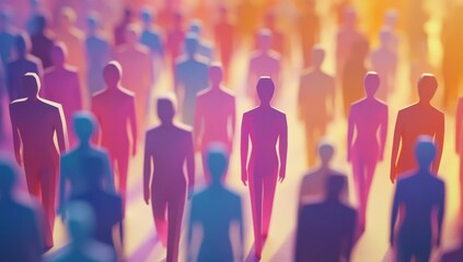 Abstract crowd of colorful paper people walking in the street, 3D illustration Generative AI