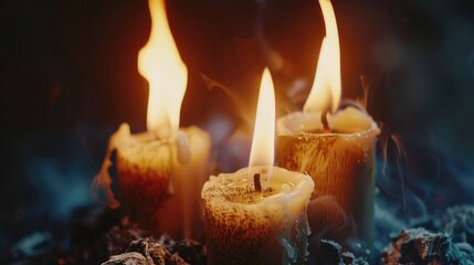 Three lit candles resting on a pile of pine cones