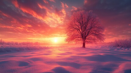 Fototapeta premium A serene winter landscape with a solitary tree at sunset, casting a tranquil atmosphere.