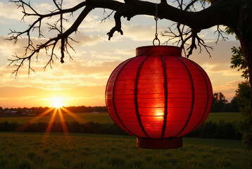 Obraz premium Red lantern hanging from a tree branch at sunset, creating a festive atmosphere for Lunar New Year