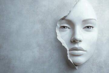A unique sculpture of a woman's face emerging from a cracked wall in a minimalist setting