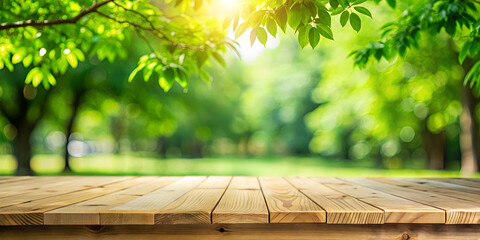 A well-crafted wooden table stands illuminated by soft sunlight, surrounded by lush green foliage in a tranquil park, perfect for gatherings or picnics