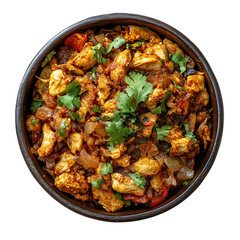 Top view of a bowl of spicy chicken kottu dish on an isolated background