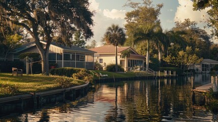 Fototapeta premium A house situated on the side of a river, offering scenic views and peaceful atmosphere