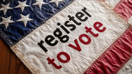 A distressed American flag poster with a bold "register to vote" message, emphasizing the importance of civic duty.