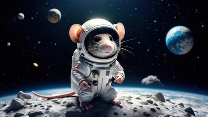 Naklejka premium A mouse in a spacesuit stands on a moon-like surface with planets in the background.