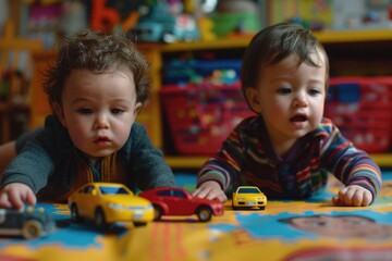 Two young children having fun with toy cars on a floor, perfect for family and child-related content
