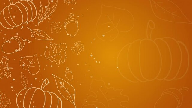 Outlines of objects on an autumn theme are drawn. Festive animation on an orange background. Copy space. Looped motion graphic.