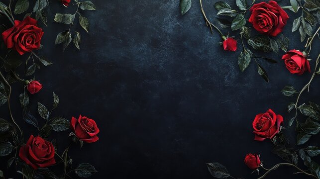 Dark background wide banner with roses on vines and ivy. Romance-themed concept ideal for Valentineâ€™s Day. Space for text to personalize designs. Vivid petals create a striking contrast 