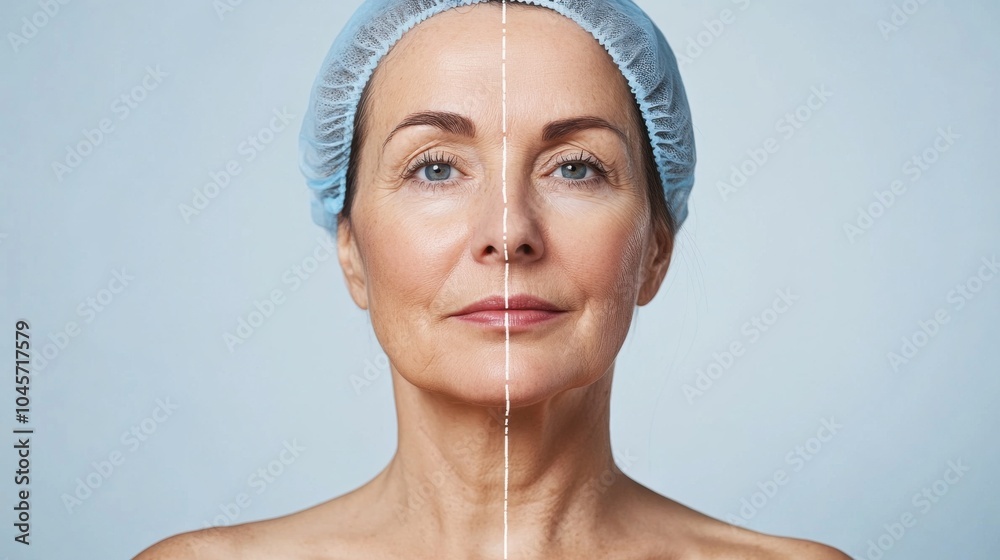 Wall mural a woman's face in close-up is split into two halves, contrasting natural aging with a rejuvenated ap