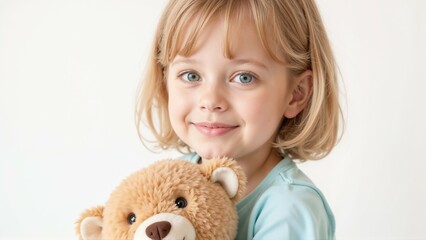 Cute girl holding teddy bear smiling at camera on white background