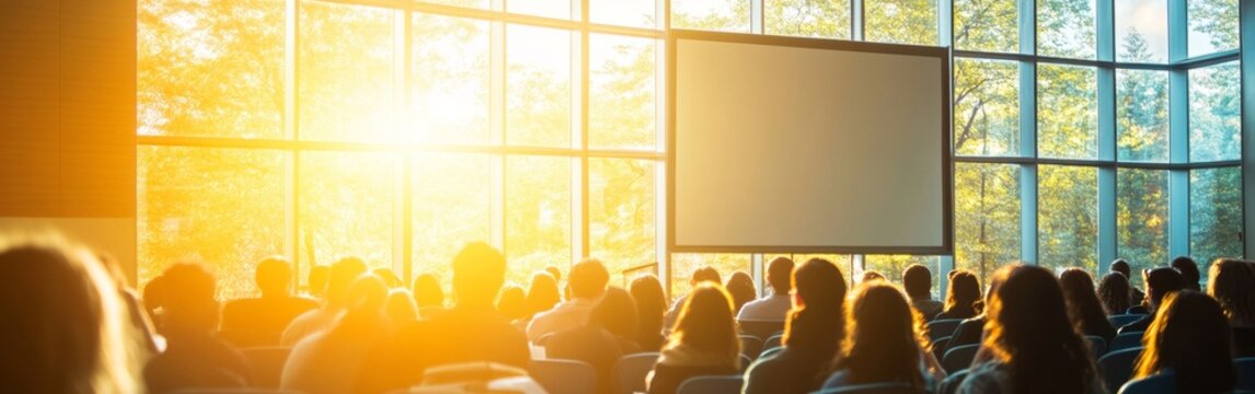Participants are attentively listening to a speaker in a bright conference room filled with natural light. The atmosphere is engaging and collaborative