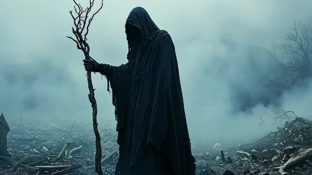 Grim reaper holding staff standing in wasteland